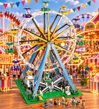 Ferris wheel with colorful gondolas on a white background