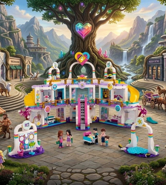 A colorful fantasy-style illustration of a children's building block set arranged in a whimsical town square. The central product is a multi-story pink, purple, and white toy building set with a staircase, storefronts, and small character figures.
