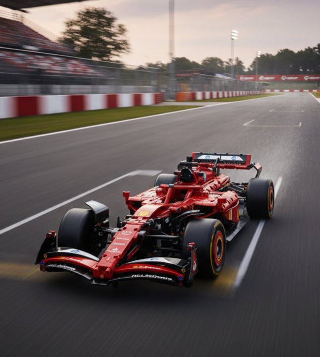 A red and black LEGO-style Formula 1 racing car model with visible sponsor logos, shown on a clean white background with a faint reflection underneath.