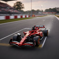A red and black LEGO-style Formula 1 racing car model with visible sponsor logos, shown on a clean white background with a faint reflection underneath.