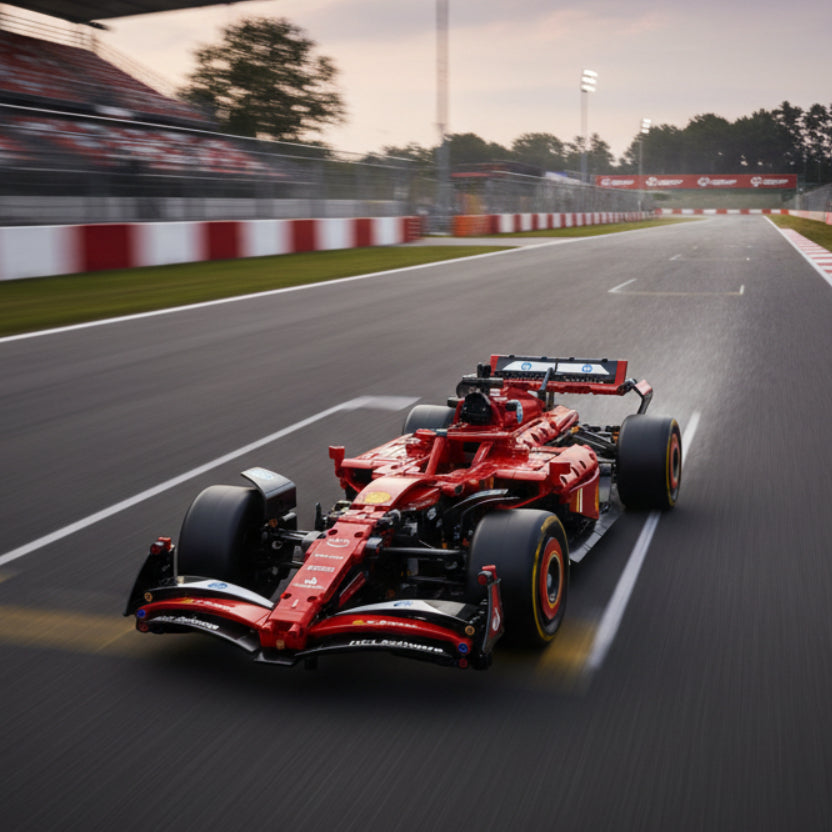 A red and black LEGO-style Formula 1 racing car model with visible sponsor logos, shown on a clean white background with a faint reflection underneath.