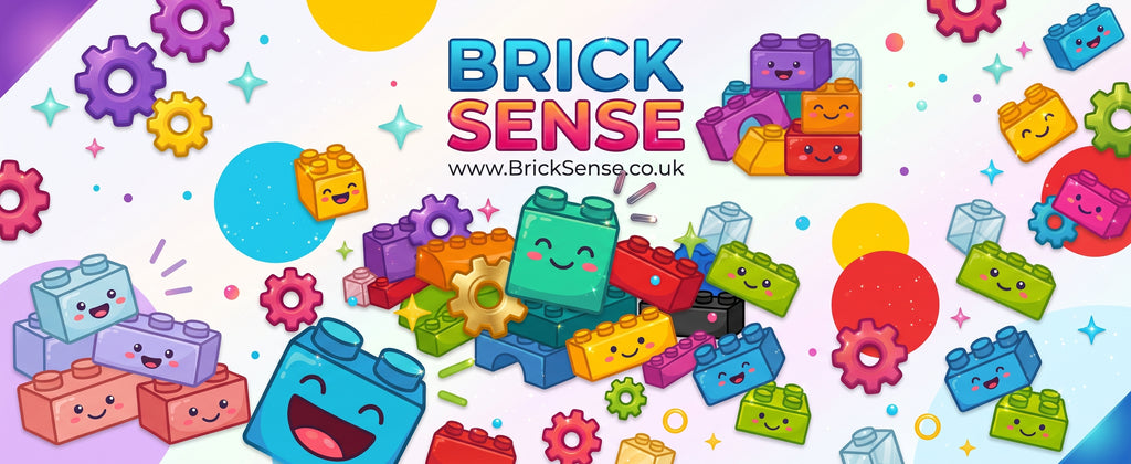 A colorful cartoon-style promotional graphic for Brick Sense, featuring smiling block pieces, gears, and balloons scattered across a light background, with the text 'BRICK SENSE' and the website 'www.BrickSense.