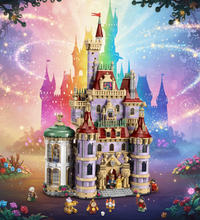 Toy castle set with multiple towers and figures on a white background