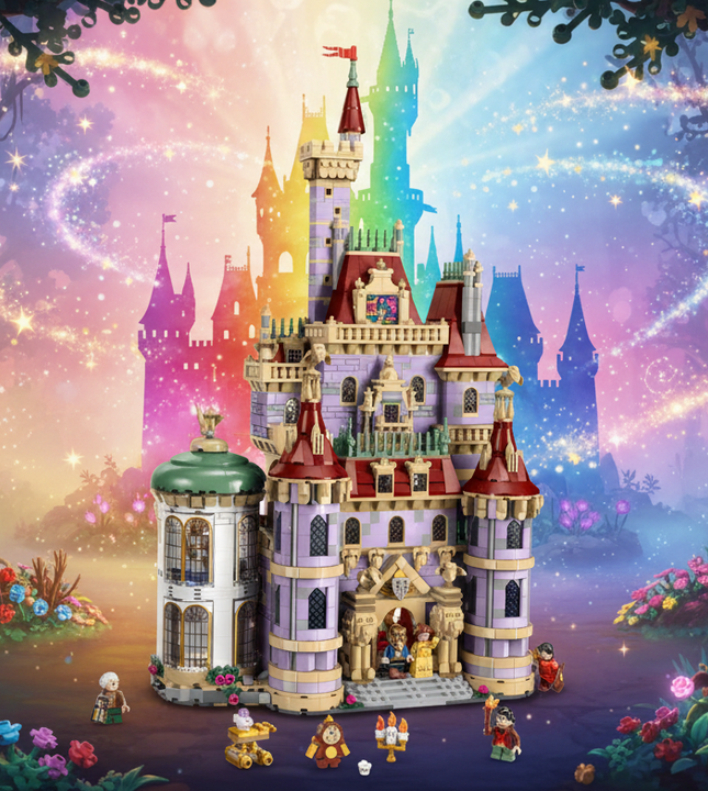 Toy castle set with multiple towers and figures on a white background