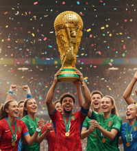 Brick-built replica of the FIFA World Cup trophy on a white background