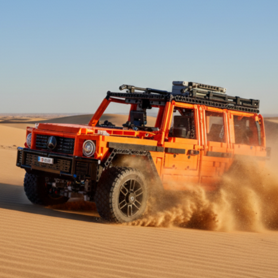 Red off-road vehicle model made of interlocking bricks on a white background