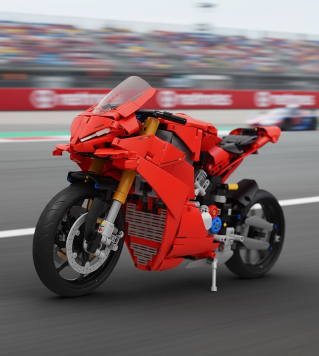 A red brick-built toy motorcycle, resembling a sportbike, constructed from interlocking plastic blocks. It features a detailed design with black wheels, gold forks, and silver accents, shown on a neutral gray surface with a blurred white background containing a red sphere.