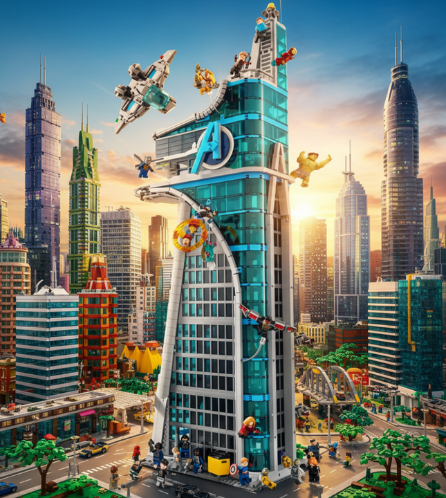 A tall Avengers-themed building toy structure with a translucent blue tower, gray framing, flying vehicles, and small minifigures, shown on a plain white background.