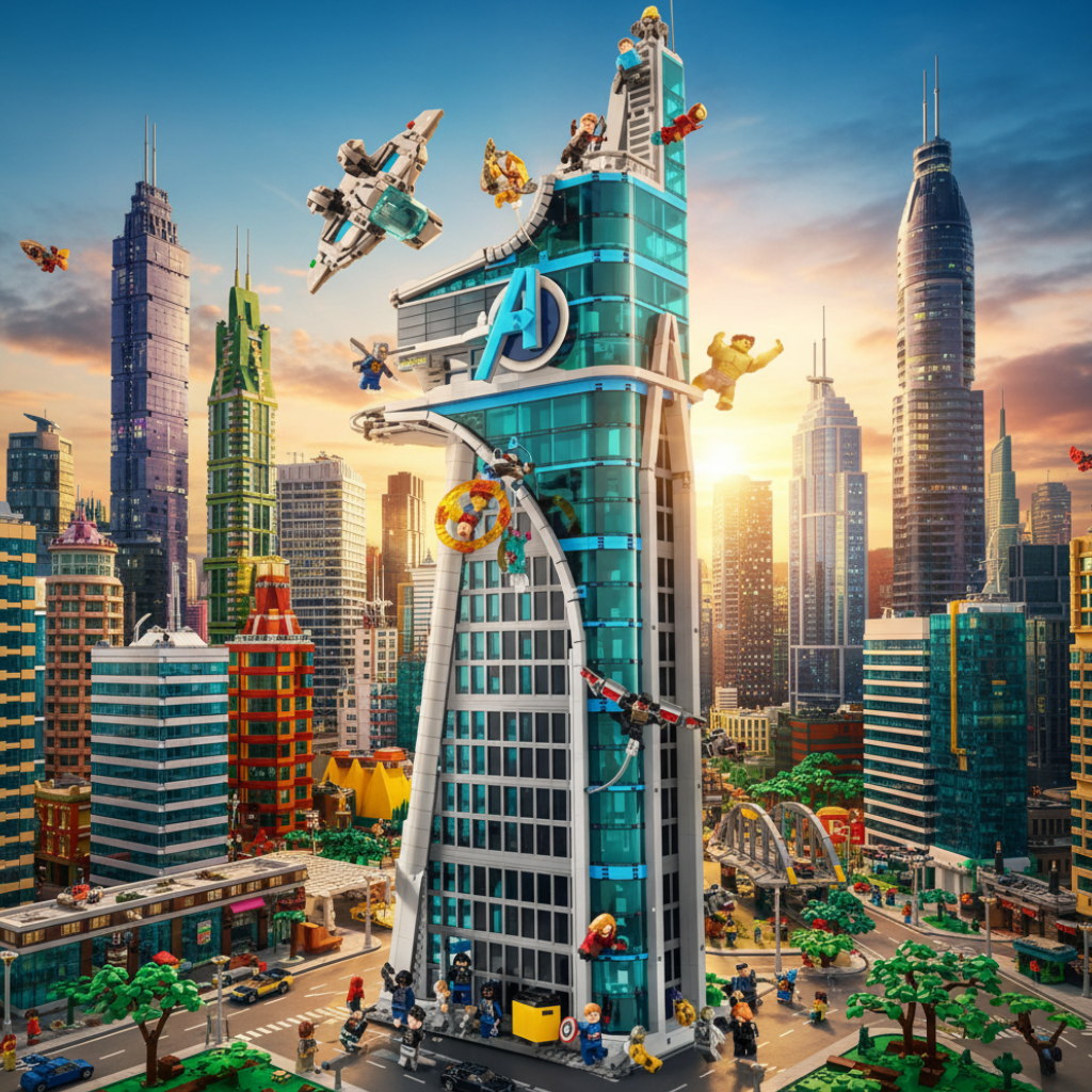 A tall Avengers-themed building toy structure with a translucent blue tower, gray framing, flying vehicles, and small minifigures, shown on a plain white background.