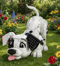 A white and black robotic dog toy made of interlocking building blocks, shown on a plain white background.
