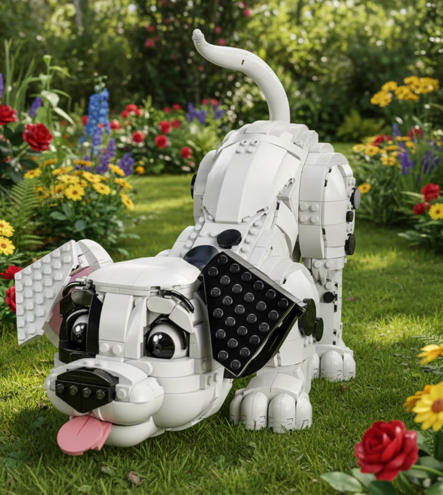 A white and black robotic dog toy made of interlocking building blocks, shown on a plain white background.