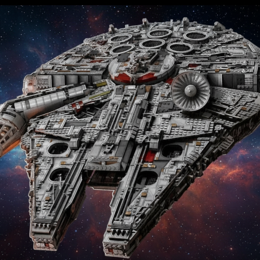 A highly detailed, complex mechanical spaceship model resembling the Millennium Falcon, shown from an elevated perspective against a plain white background.
