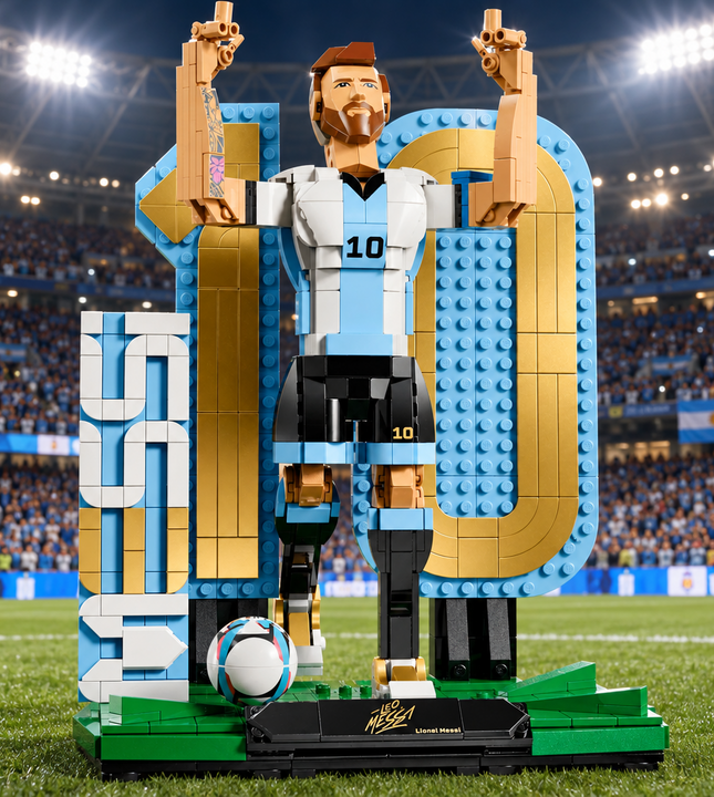 A LEGO-style soccer player figure with arms raised stands on a green display base in front of a large blue and gold number 10 backdrop. The player wears a white and light blue Argentina-inspired jersey with black shorts and a soccer ball at the base.