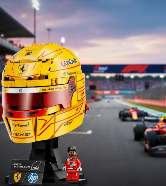 A yellow and red Ferrari racing helmet building block set mounted on a black display stand with a small red minifigure. The helmet features sponsor logos including Unilead, HP, and Vistajet, and is shown on a clean white background.