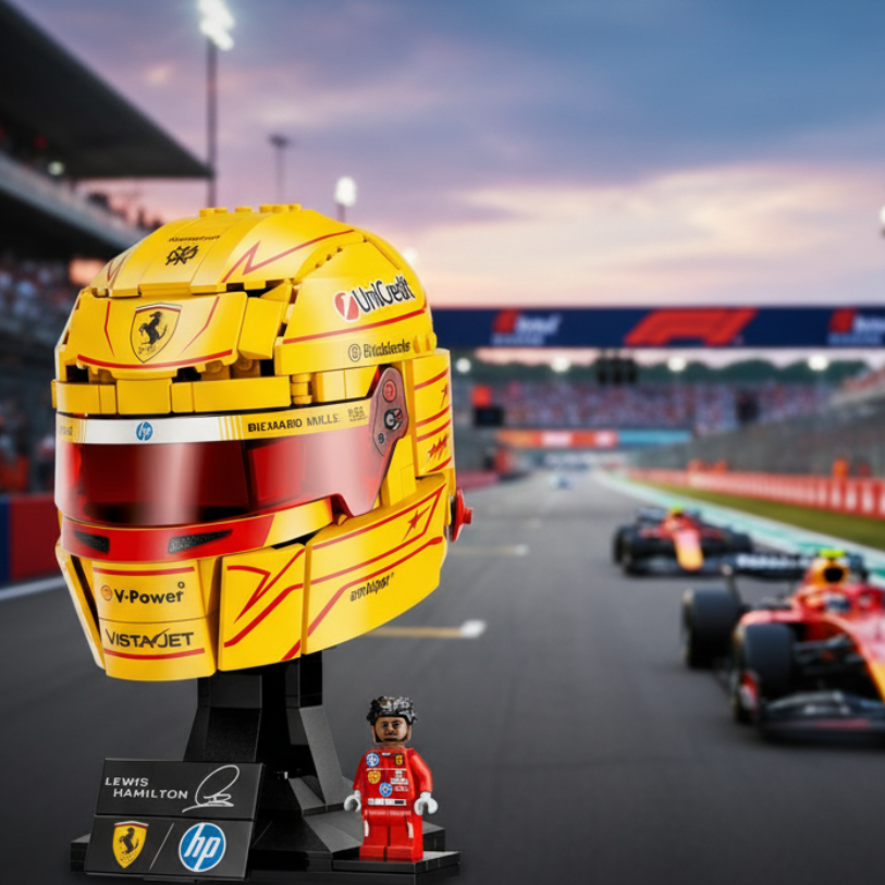 A yellow and red Ferrari racing helmet building block set mounted on a black display stand with a small red minifigure. The helmet features sponsor logos including Unilead, HP, and Vistajet, and is shown on a clean white background.