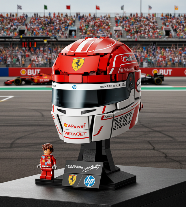 A red and white Ferrari racing helmet model on a black display stand, with a small brick-built driver figure in front. The helmet features visible sponsor decals including Visa Credit, HP, Shell, and VistJet, and a yellow Ferrari prancing horse logo.
