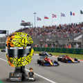 A building-block style racing helmet display on a black stand, featuring a neon yellow and black patterned helmet with orange accents, a dark visor, and visible McLaren and Dropbox branding. A small driver minifigure stands beside the stand on a branded plaque.