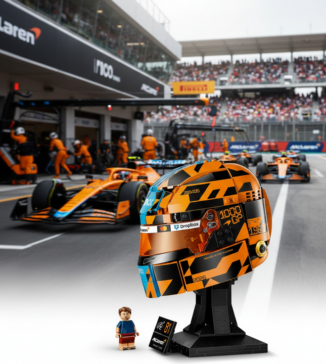 Racing Legend Teal & Papaya Driver Helmet Display Set with Minifigure (Display Plaque Included)