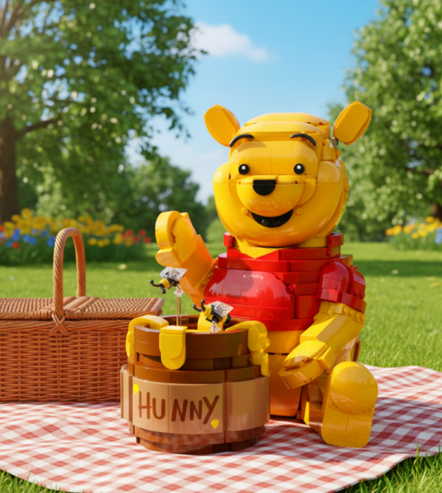 A building-block style Pooh Bear figure posed sitting and holding a brown honey barrel labeled HUNNY. The figure is made from interlocking toy pieces in yellow, red, brown, black, and small silver details, shown on a plain white background.