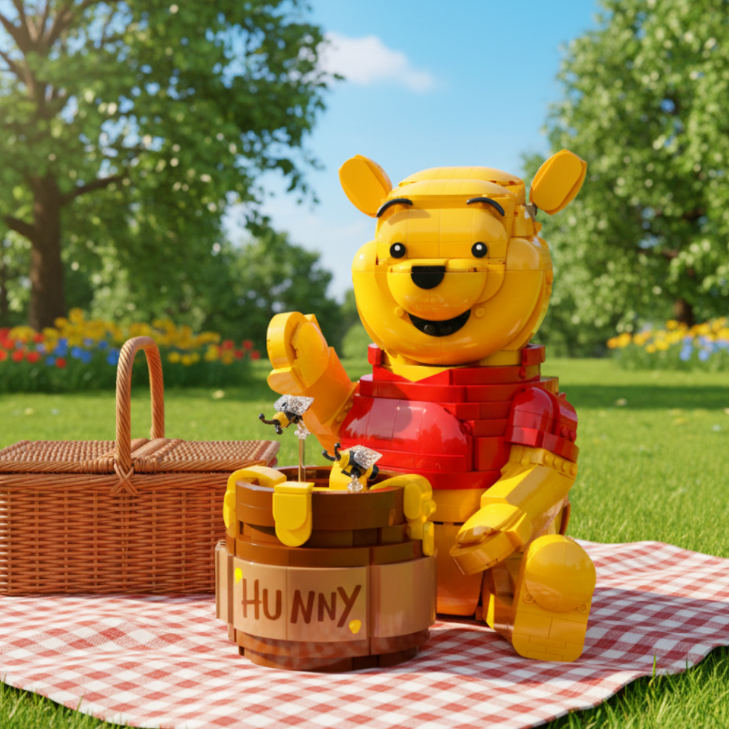 A building-block style Pooh Bear figure posed sitting and holding a brown honey barrel labeled HUNNY. The figure is made from interlocking toy pieces in yellow, red, brown, black, and small silver details, shown on a plain white background.