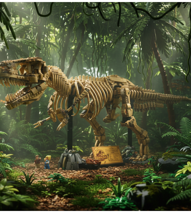 A large assembled T-rex skeleton model on black display stands, with a small plaque, rocks, and two small minifigures on a plain white background. The construction appears tan and beige with black stand supports.