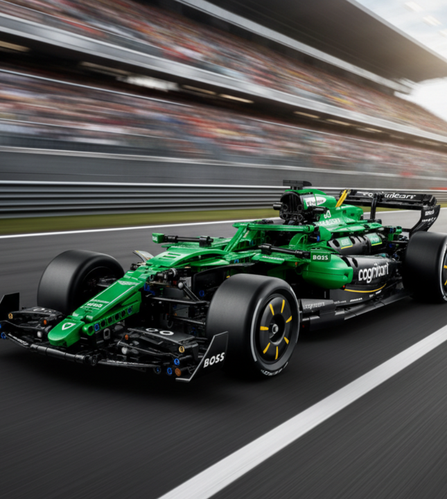A green and black toy Formula 1 racing car with visible LEGO branding and sponsor logos, shown on a plain white background.