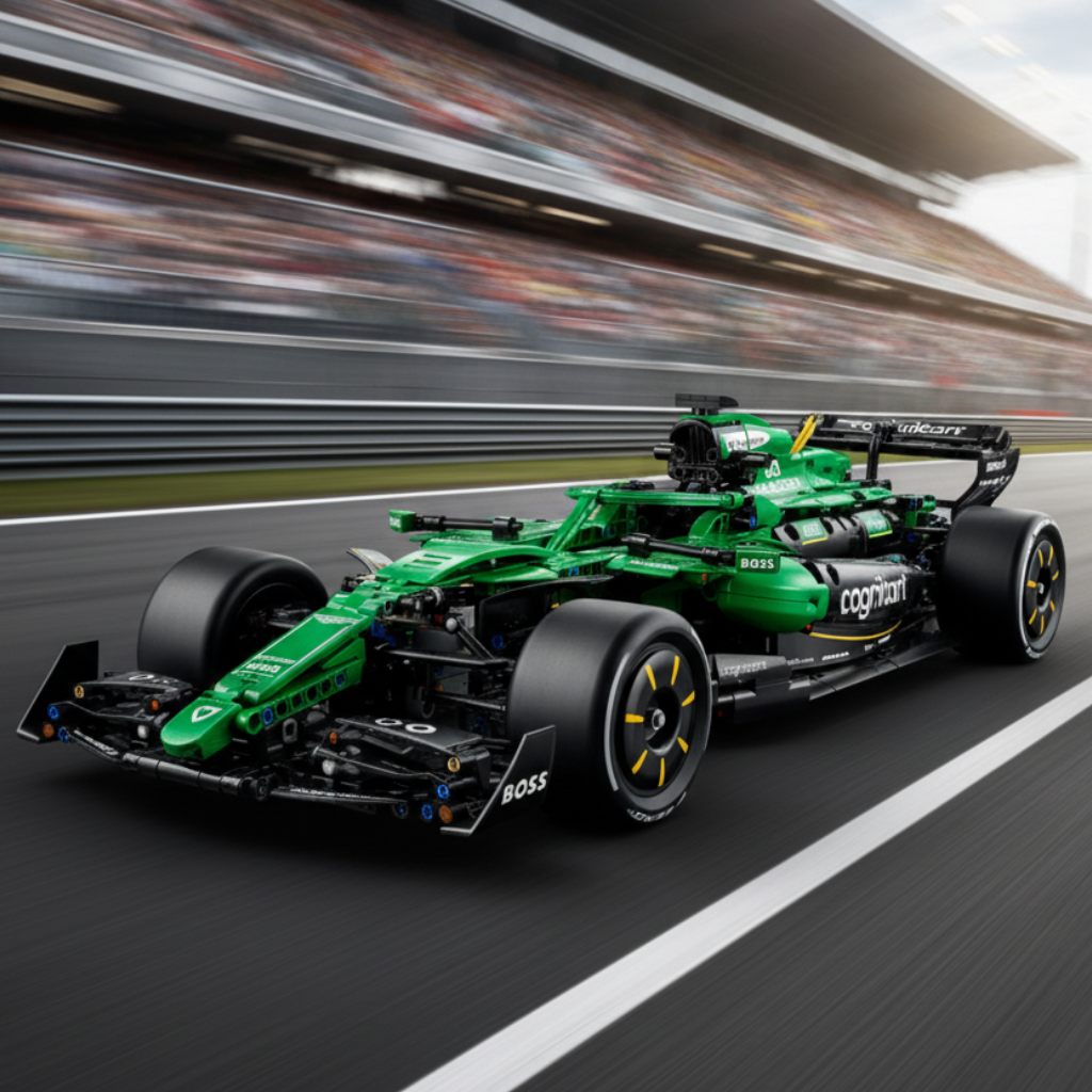 A green and black toy Formula 1 racing car with visible LEGO branding and sponsor logos, shown on a plain white background.