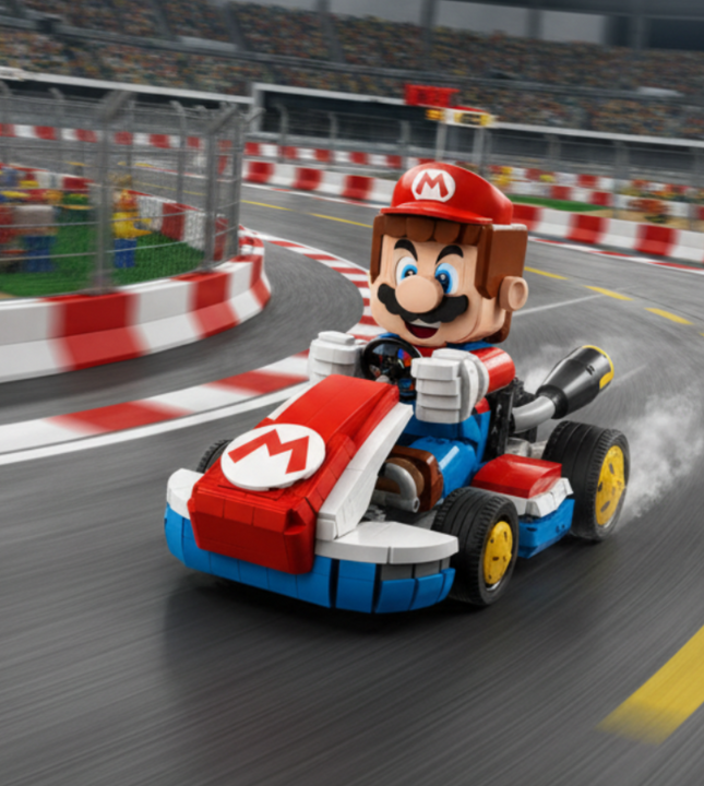 A Mario-themed toy race car set featuring a red and blue go-kart with a built-in Mario figure wearing a red cap and mustache, shown on a plain white background.