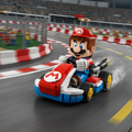 A Mario-themed toy race car set featuring a red and blue go-kart with a built-in Mario figure wearing a red cap and mustache, shown on a plain white background.