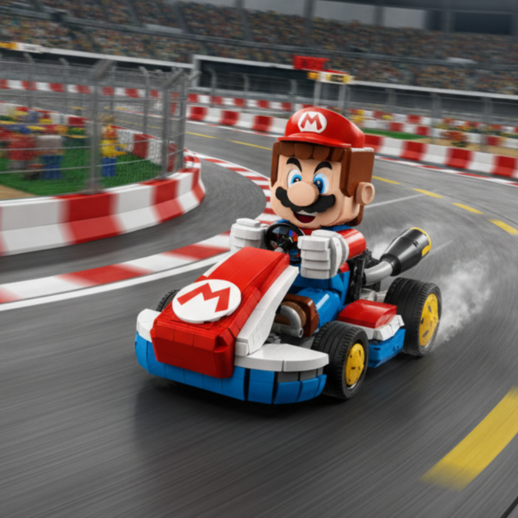 A Mario-themed toy race car set featuring a red and blue go-kart with a built-in Mario figure wearing a red cap and mustache, shown on a plain white background.