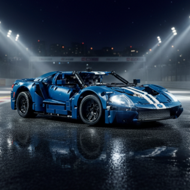 A blue and white building block toy sports car, resembling a Ford GT, shown from a three-quarters front angle on a solid white background.