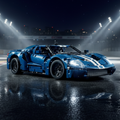 A blue and white building block toy sports car, resembling a Ford GT, shown from a three-quarters front angle on a solid white background.