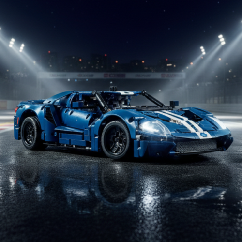 A blue and white building block toy sports car, resembling a Ford GT, shown from a three-quarters front angle on a solid white background.