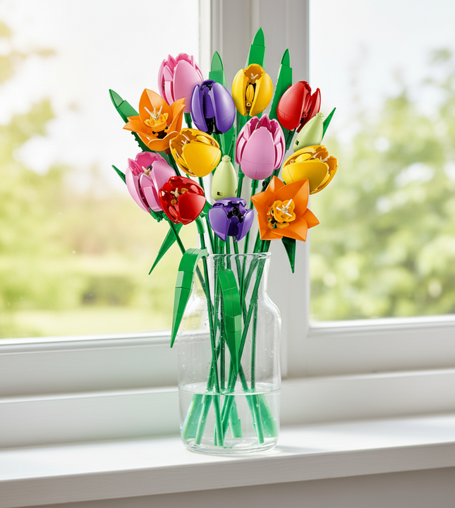 A colorful set of assembled flower petals arranged in a bouquet shape, featuring tulips and other blossoms in pink, yellow, orange, purple, and red with green stems and leaves on a plain white background.