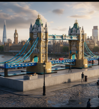 A detailed model of Tower Bridge in London, constructed from interlocking building blocks, featuring gold and beige towers with green roofs and blue suspension cables, shown on a plain white background.
