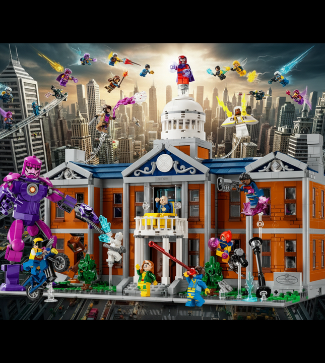 A detailed LEGO Marvel set featuring a two-story brick building with a white dome and blue roof, surrounded by multiple Marvel character minifigures and vehicles on a plain white background.