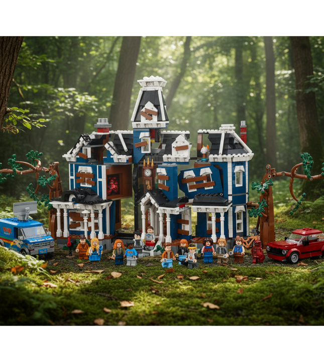 A large brick-built haunted house set with multiple mini-dollhouse details, surrounded by a blue van, a red car, and several small toy figures, shown on a plain white background.