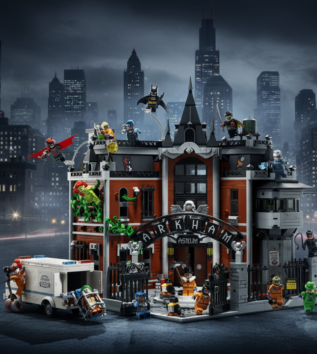 A detailed LEGO-style asylum building set with multiple minifigures, vehicles, and themed accessories on a plain white background. The central structure is a gray and red asylum building with a black arched entrance reading 'Asylum' and 'Crimen', surrounded by Batman, Robin, and other superhero minifigures.