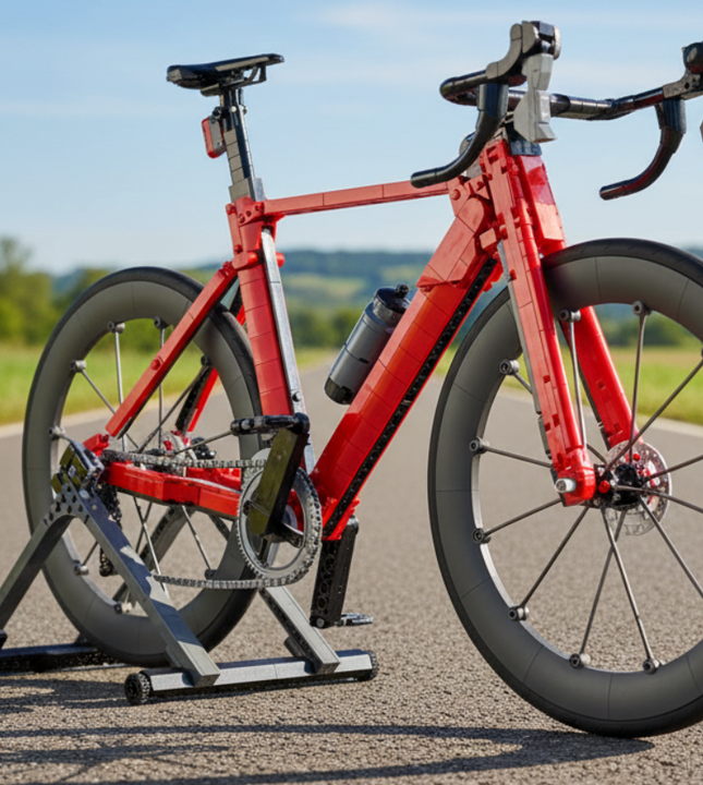 A red drop-bar road bicycle with black wheels and components, shown on a gray trainer against a plain white background.