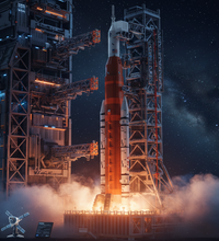 A large brick-built model of a space shuttle launch vehicle on a launch tower, shown against a plain white background. The rocket features a bright orange center section, white upper stages, and gray metallic support structure.