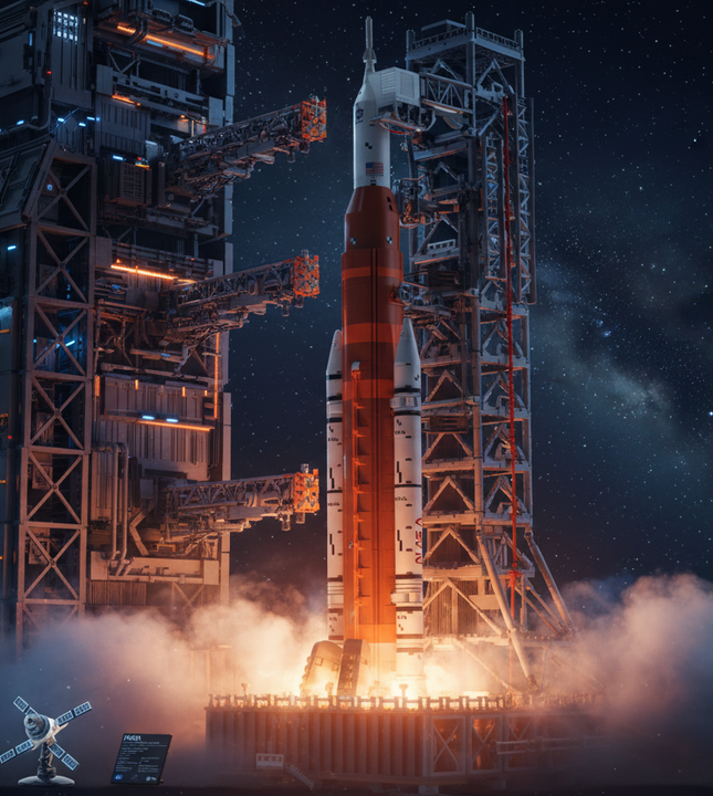 A large brick-built model of a space shuttle launch vehicle on a launch tower, shown against a plain white background. The rocket features a bright orange center section, white upper stages, and gray metallic support structure.
