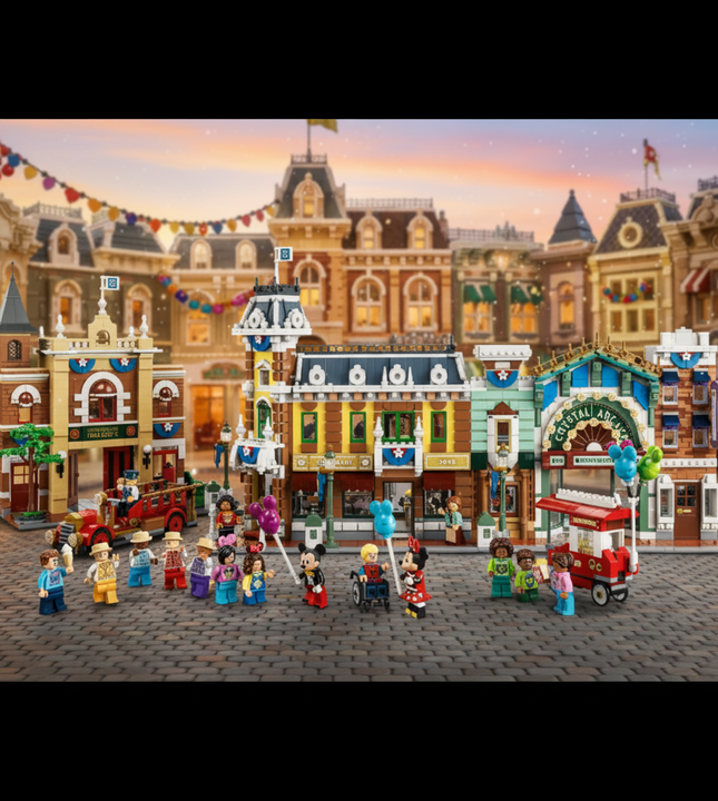 A set of three assembled building block city scenes with minifigures, shown on a plain white background. The buildings resemble a vintage town square or fairground, with storefronts, a red firecar, and multiple small character figures standing in front.