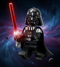 A black minifigure resembling Darth Vader, holding a red lightsaber, shown against a plain white background.