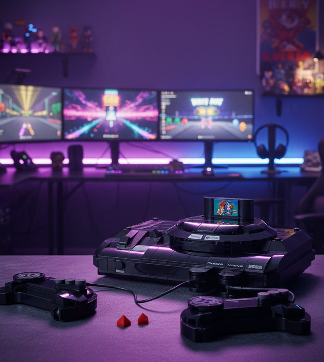 Sega Mega Drive console set with two black controllers, a small red accessory piece, a curved black strap with red buttons, a black power adapter, and a black cover on a plain white background.
