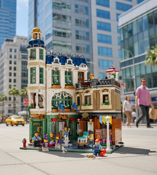 A detailed LEGO city building set featuring a multi-story apartment building with minifigures, animals, and small street details, isolated on a white background.