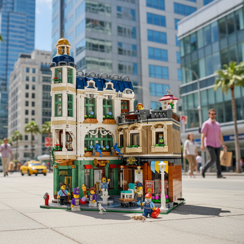 A detailed LEGO city building set featuring a multi-story apartment building with minifigures, animals, and small street details, isolated on a white background.
