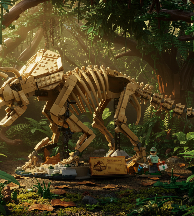 A large assembled dinosaur skeleton building set on a white background, featuring a beige triceratops-style dinosaur model with a long tail, small display stand, sign plaque, and a small minifigure.
