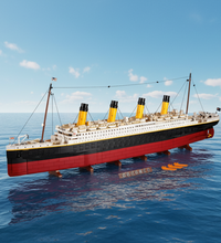 A screenshot of a LEGO Titanic model displayed in a web gallery, with the ship shown in side view on a white page with navigation arrows and browser tabs around it.