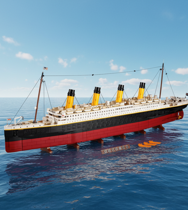 A screenshot of a LEGO Titanic model displayed in a web gallery, with the ship shown in side view on a white page with navigation arrows and browser tabs around it.