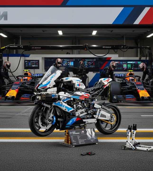 Mindstorms BMW M1 Ninja building kit showing the assembled toy motorcycle on a white background, with an instruction booklet, small card, and a separate white building base piece displayed alongside.